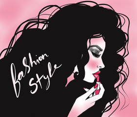 woman paints lips with lipstick portrait in profile, fashion illustration