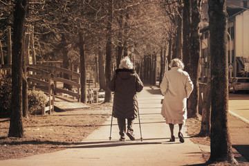 Two old ladies walking together. Mature female friends spending their time keeping each other...