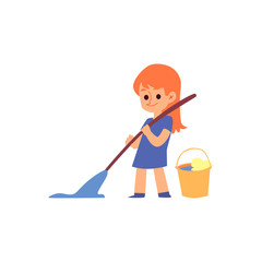 Cartoon child holding broom and mop cleaning the floor.