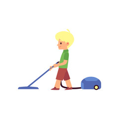 Cute cartoon boy using a vacuum cleaner - blond child vacuuming the house floor