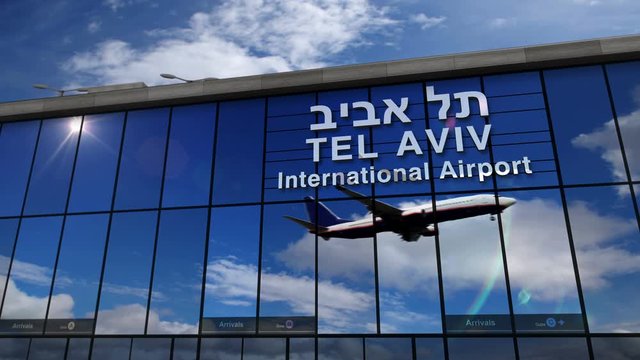 Jet aircraft landing at Tel Aviv, Israel 3D rendering animation. Arrival in the city with the glass airport terminal and reflection of the plane. Travel, business, tourism and transport concept.