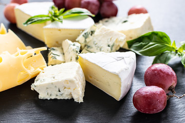 Assortment of cheeses, ripe organic grapes, aromatic basil and French baguette on black stone background top view. French country style lunch. Template culinary blog social media.
