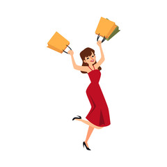 Happy girl holding shopping bags - cartoon woman in red dress jumping from joy