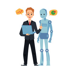 Obraz premium Businessman and android robot looking at laptop talking about graph charts.