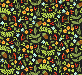 Forest doodle colorful nature seamless vector patter with flowers and leafs