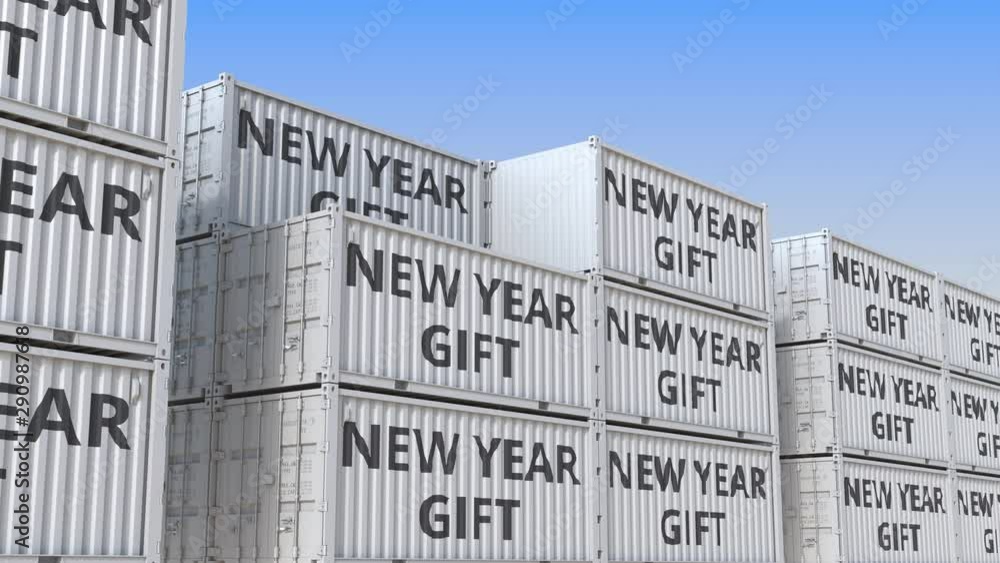 Poster containers with new year gift text. loopable 3d animation