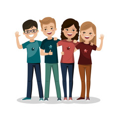 Fototapeta premium Friends hugged together. Youth people. Happy boys and girls. Flat vector illustration