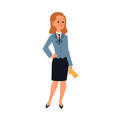 Cartoon female flight attendant in uniform standing isolated on white background