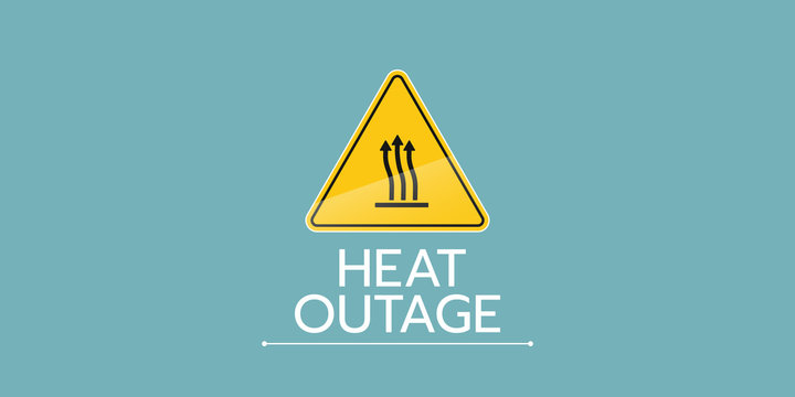The banner of heat outage with a warning sign the one is on the solid blue background.