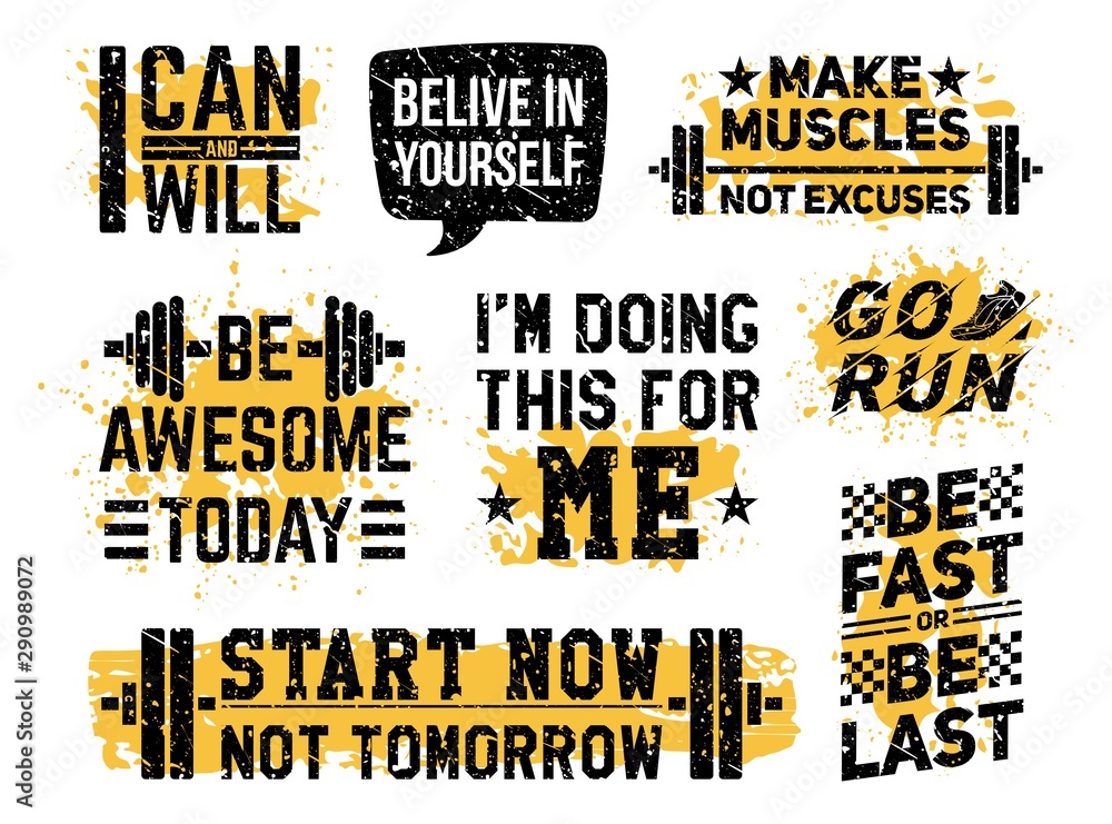 Sticker sport fitness and gym motivational prints set vector illustration. inspiring workout and fit motivat