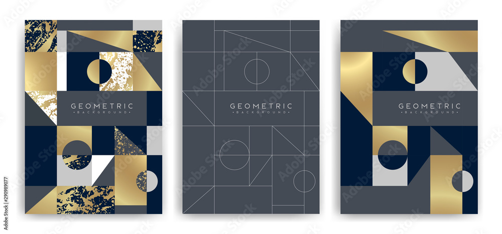Poster templates with elegant geometric design. marble effect texture, golden lines and geometric shapes. v