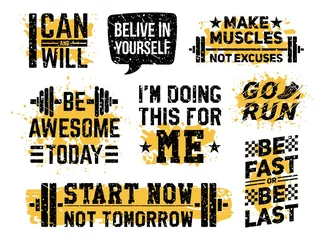 Gordijnen Sport fitness and gym motivational prints set vector illustration. Inspiring workout and fit motivation quote flat style design. Healthy lifestyle concept. Isolated on white background © Microstocker.Pro