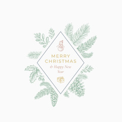 Merry Christmas Abstract Botanical Card with Rhombus Frame Banner and Modern Typography. Hand Drawn Snowman, Gift and Fir-needle Sketches. Green, Yellow and Pink Pastel Colors Greeting Layout.