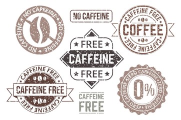 Caffeine free tags and grunge labels set vector illustration. Collection of coffee sign in black and white versions with stamps, text decaffeinated hot beverages flat style concept. Isolated on white