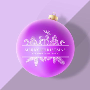 Christmas Greeting Card, Poster, Banner or Party Invitation. Vector Realistic Xmas Ball with Soft Shadows and Frame Banner with Candy Cane, Deer and Strobile Sketches. Trendy Pastel Purple Background
