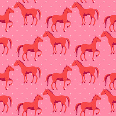 Seamless pattern with cute horse on a pink polka dot background