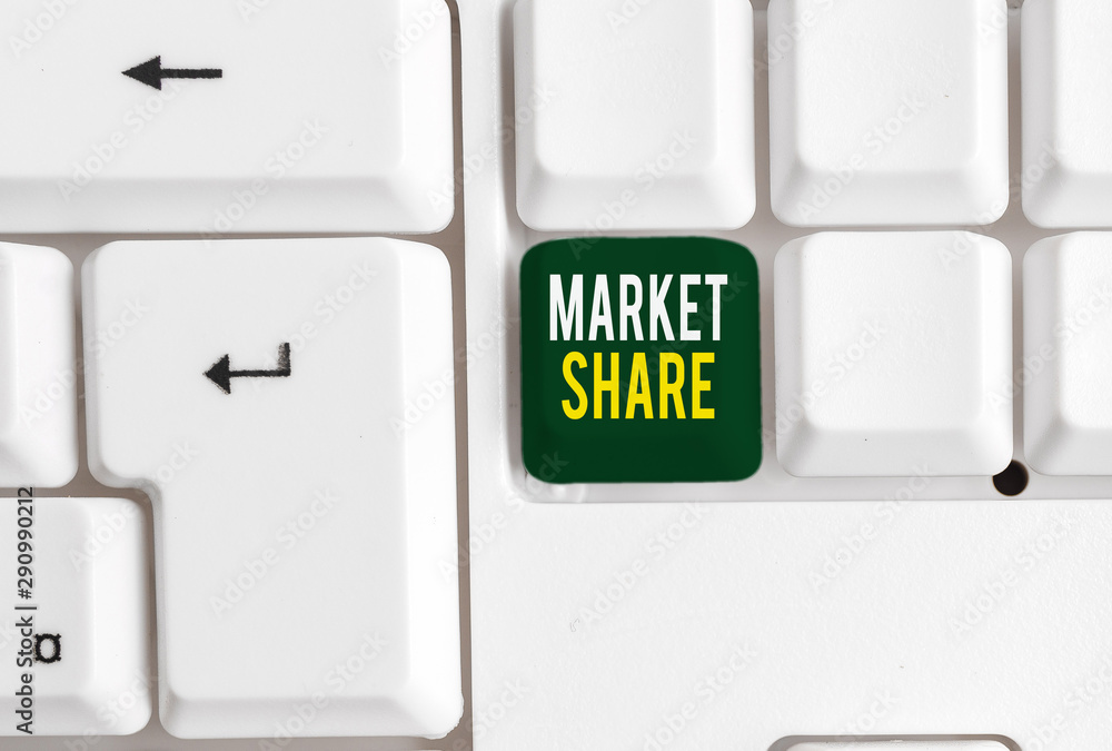 Poster conceptual hand writing showing market share. concept meaning the portion of a market controlled by 