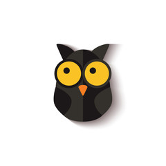 Black owl Halloween night symbol vector illustration in craft paper cut style.