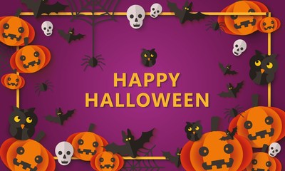 Halloween greeting card or poster background vector paper cut illustration.