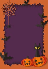 Blank Halloween poster frame with spooky bats, pumpkins and spider web