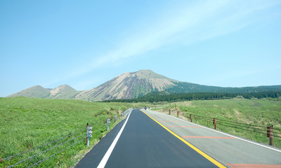 Landscape at Mount Aso (Aso-san), the largest active volcano in Japan stands in Aso Kuju National Park
