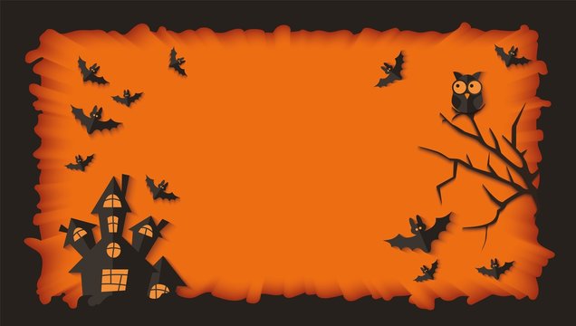 Blank Halloween banner template with scary black house silhouette