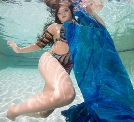 A dark haired women model in various outfits underwater.