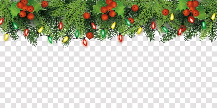 Christmas tree top border decoration with red holly berries and fairy lights
