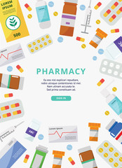Pharmacy poster template with pills, sprays and other medicine objects