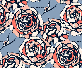 Seamless floral pattern with roses hand drawing decorative background. Vector Illustration. Print for textile, cloth, wallpaper, scrapbooking