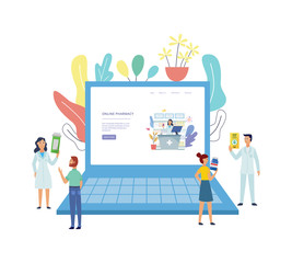 Online pharmacy or consultation banner flat vector illustration isolated.