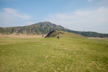 Landscape at Mount Aso (Aso-san), the largest active volcano in Japan stands in Aso Kuju National Park.