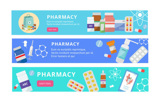 Pharmacy banner set - flat cartoon website elements with drugs and pill bottles