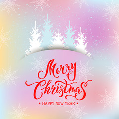 Merry Christmas card with new year trees, snowflakes. Handwritten lettering Merry Christmas. Place for text. Vector illustration for winter holiday, invitation, greeting card, poster, banner, sale.