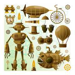 Steampunk character and elements. Vector icons.Steampunk robot.Vintage character.Steampunk submarine.Vintage cyborg.Vintage elements set.Stempunk equipmnet.Retro robot. © Morzan