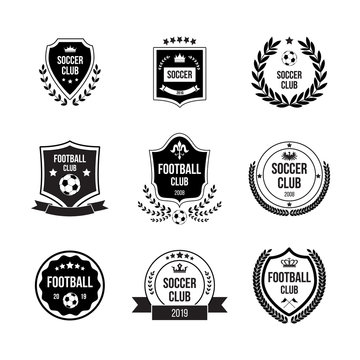 Set of football badges with shields and balls for competitions, clubs and teams.