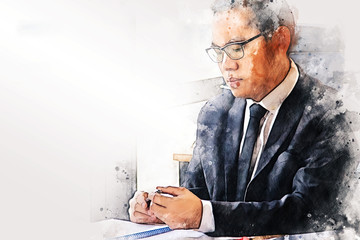 Abstract colorful young businessman sitting behind crumpled paper expectations emotion on watercolor illustration painting background.