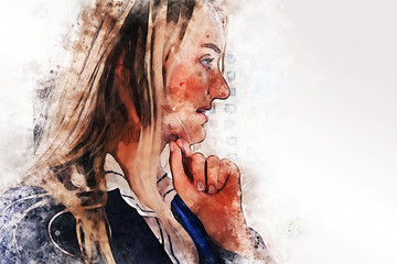 Close-up beautiful business woman in office on watercolor illustration painting background.