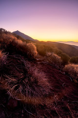 Sunset time in arid desertic vulcan mountain with colors and sky and high mount in background - climate change and warm effect image