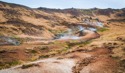 Scenic volcanic landscape with geological formations in Island 