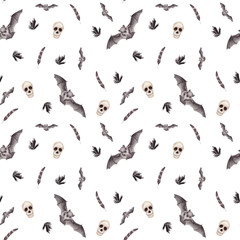 Hand drawn Watercolor Halloween Seamless pattern with human Skull, bat and feather on white background.