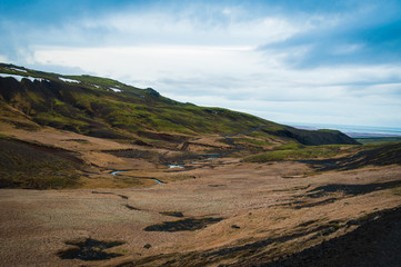 Scenic volcanic landscape with geological formations in Island 