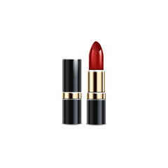Fototapeta premium Realistic red lipstick tube mockup with black and gold metal packaging.