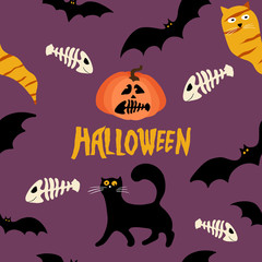 Hand drawn seamless pattern with black cat, ghost, pumpkin and bats. Halloween flat background. Cute vector cartoon monsters and lettering