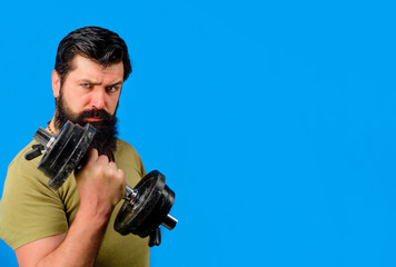 Bearded man with dumbbell during exercise. Muscular fitness model raising dumbbell. Man with dumbbell in gym. Bearded man working out with dumbbell. Strong handsome sport man making weightlifting.