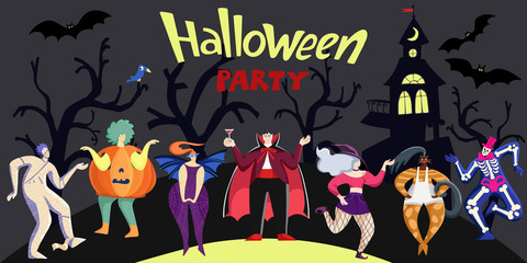 Halloween costume party. Group of dancing characters: mummy, pumpkin, bat girl, Dracula, cat, witch, skeleton. Hand drawn vector banner with lettering