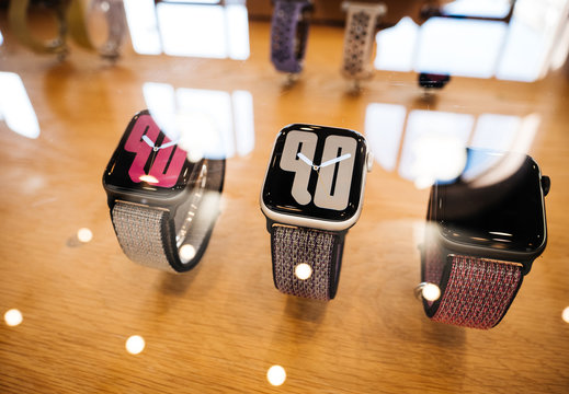 Paris, France - Sep 20, 2019: Numerals watch face on new wearable Apple Watch Series 5 presentation sale in Apple Store with watchOS 6 and new OLED display, which can stay always on