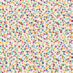 Seamless geometric simple pattern of colored triangles, mosaic. Beige background. Wrapping paper.