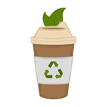 Paper cup with leaves and recycling symbol - Vector