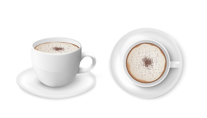 Cup of coffee top and side view set 3d realistic vector illustrations isolated.